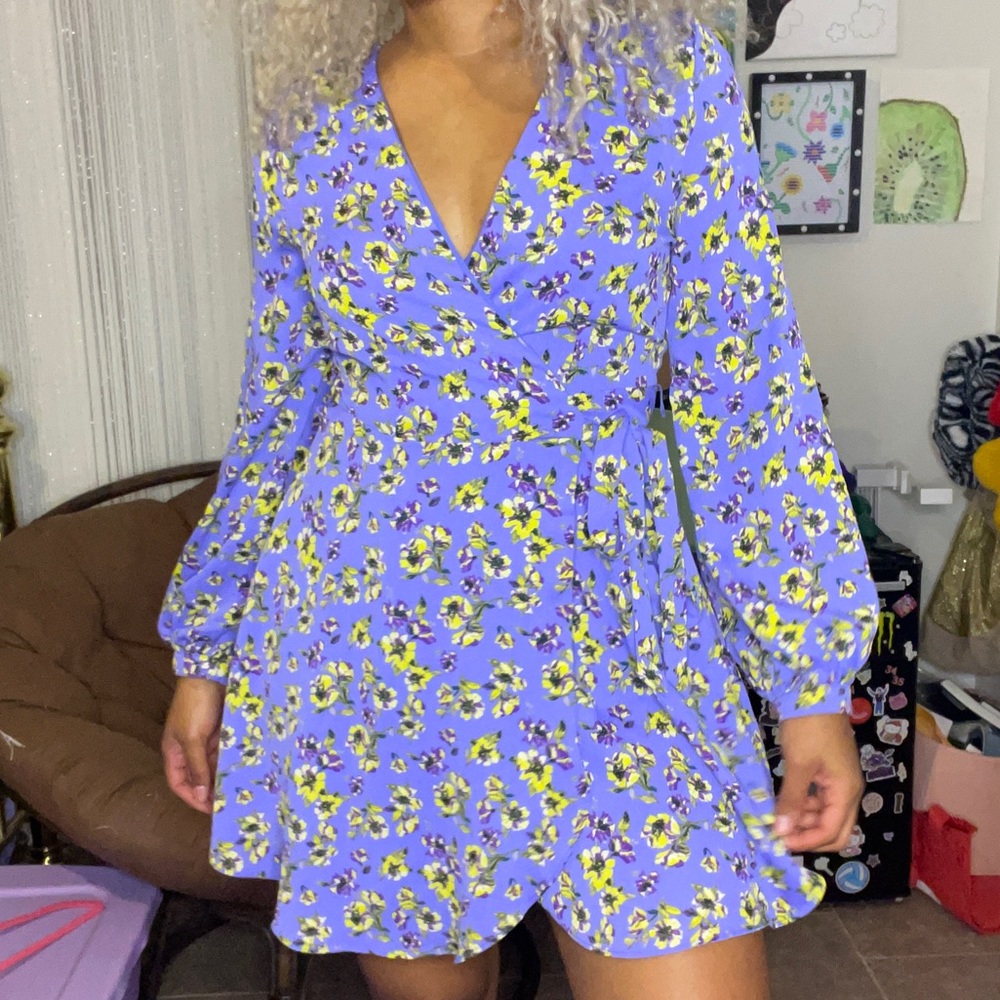 Blue floral long sleeve wrap dress